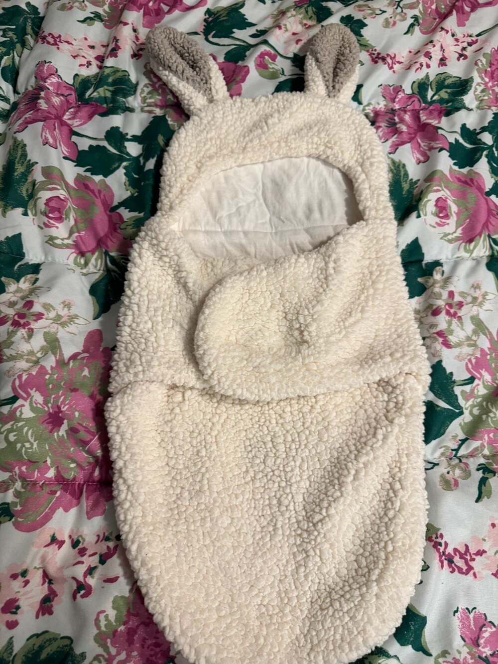 Newborn Baby Sherpa Swaddle Blanket Wrap with Bunny Ears, Cream